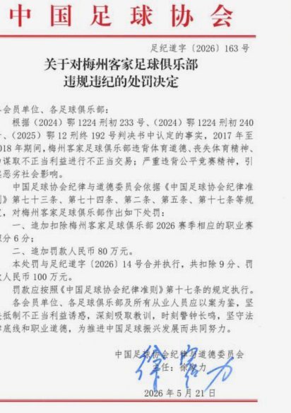 追加罚分！中国足协：梅州客家追加扣除6分罚款80万元